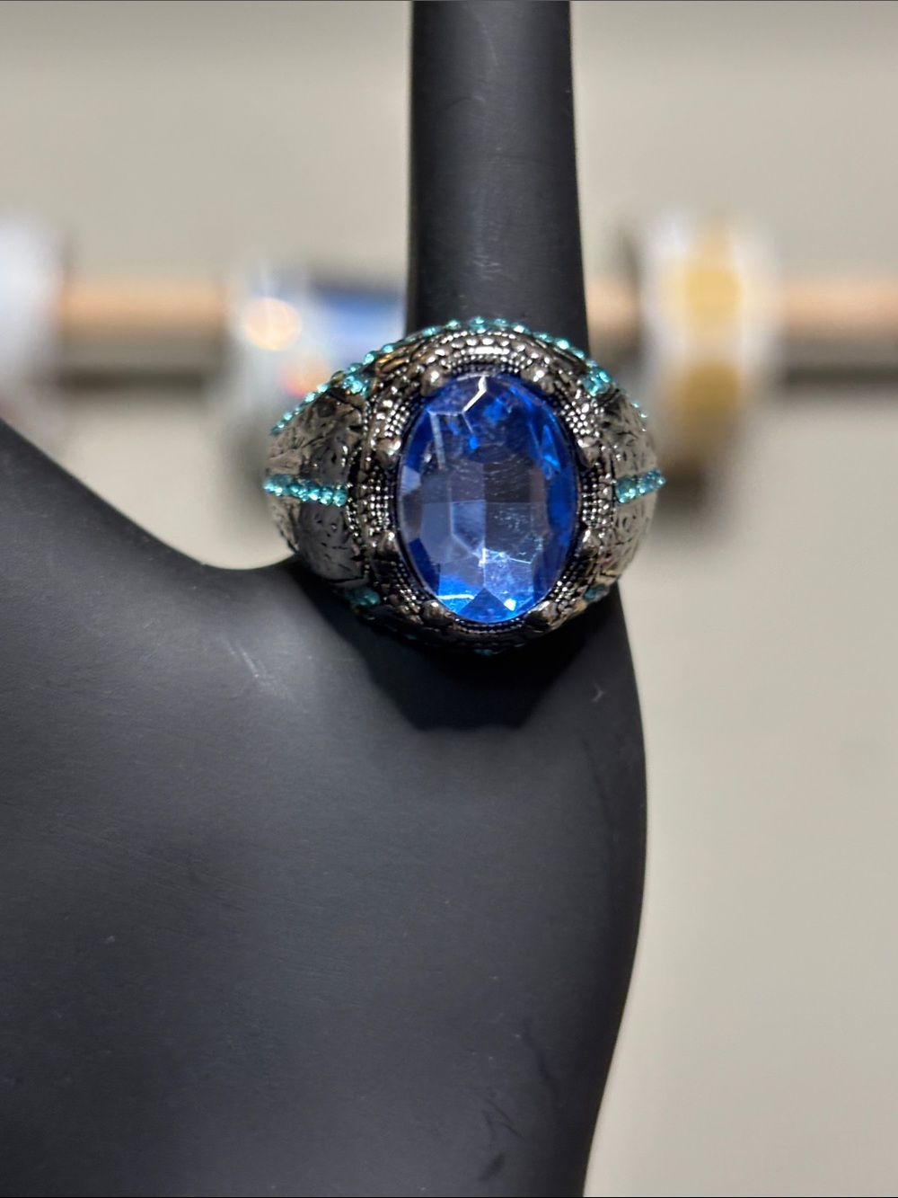 Fashion Blue Oval Crystal Statement Ring - Women's Jewelry Size 11